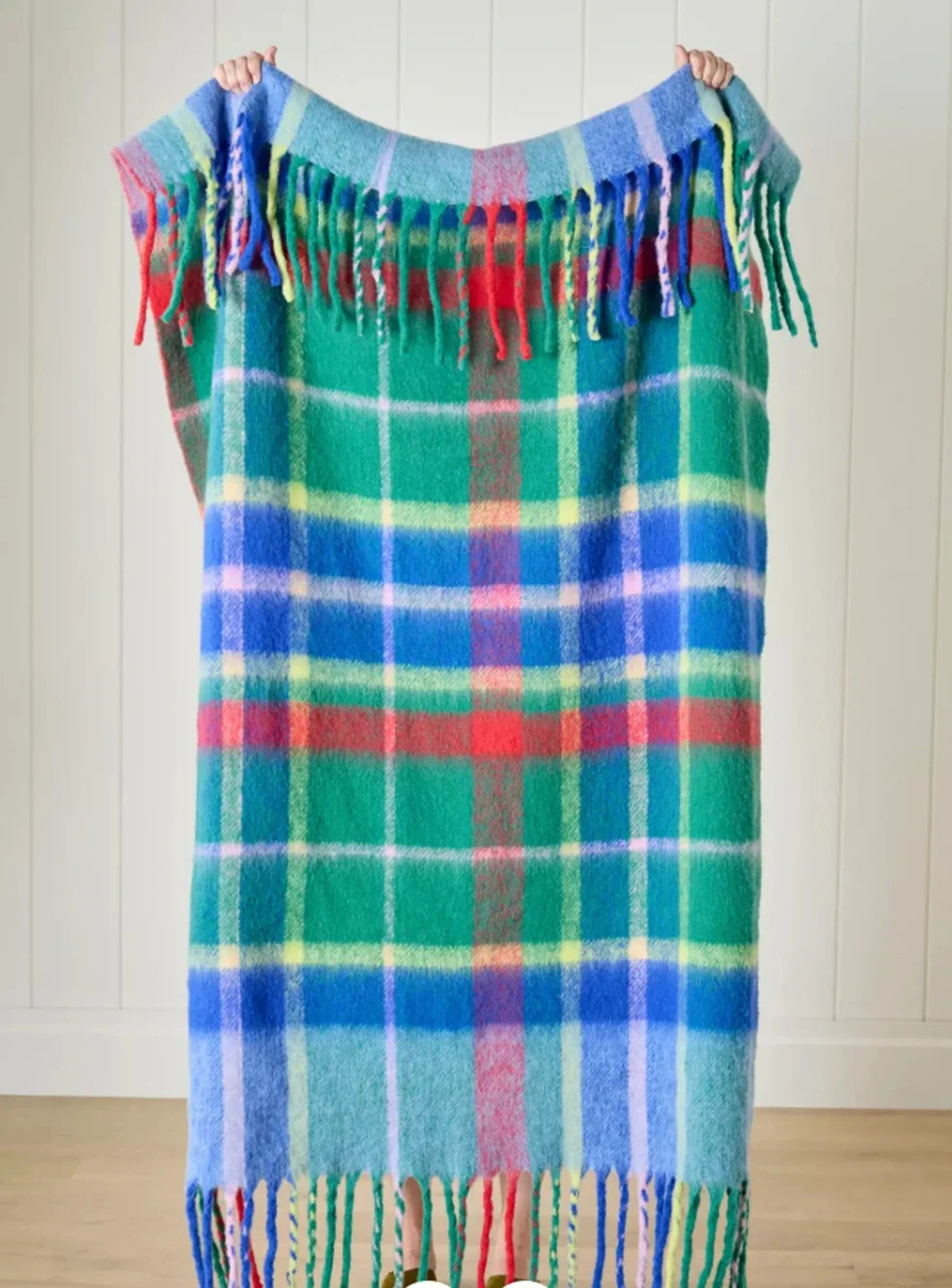 ANTHROPOLOGIE Blanket Tartan Wool Plaid Throw Fringed Green 50